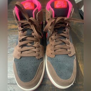 Nike Air Jordans High-Top Sneakers in Brown, Black and Hot Pink